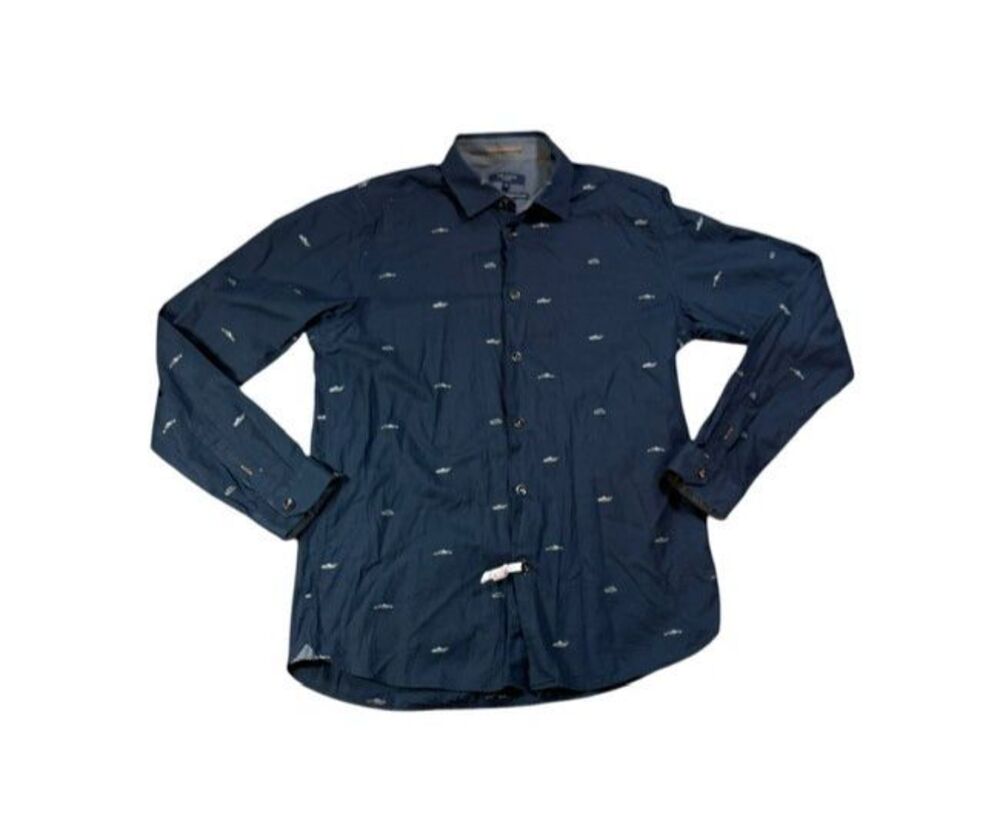 Ted Baker Shirt Mens Size 4 Large Blue Classic Car Embroidered Button Front Dad